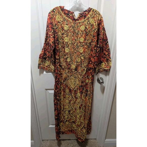 "Golden Hour" Vintage Pakistan Chain Gold Stitched Red Maxi Dress Size M Kurta - Picture 2 of 11